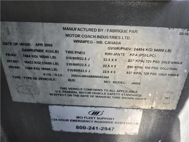 2009 MCI J 4500 56 Pax bus # 14-5364 in San Antonio Tx	526k Miles S60 B 500